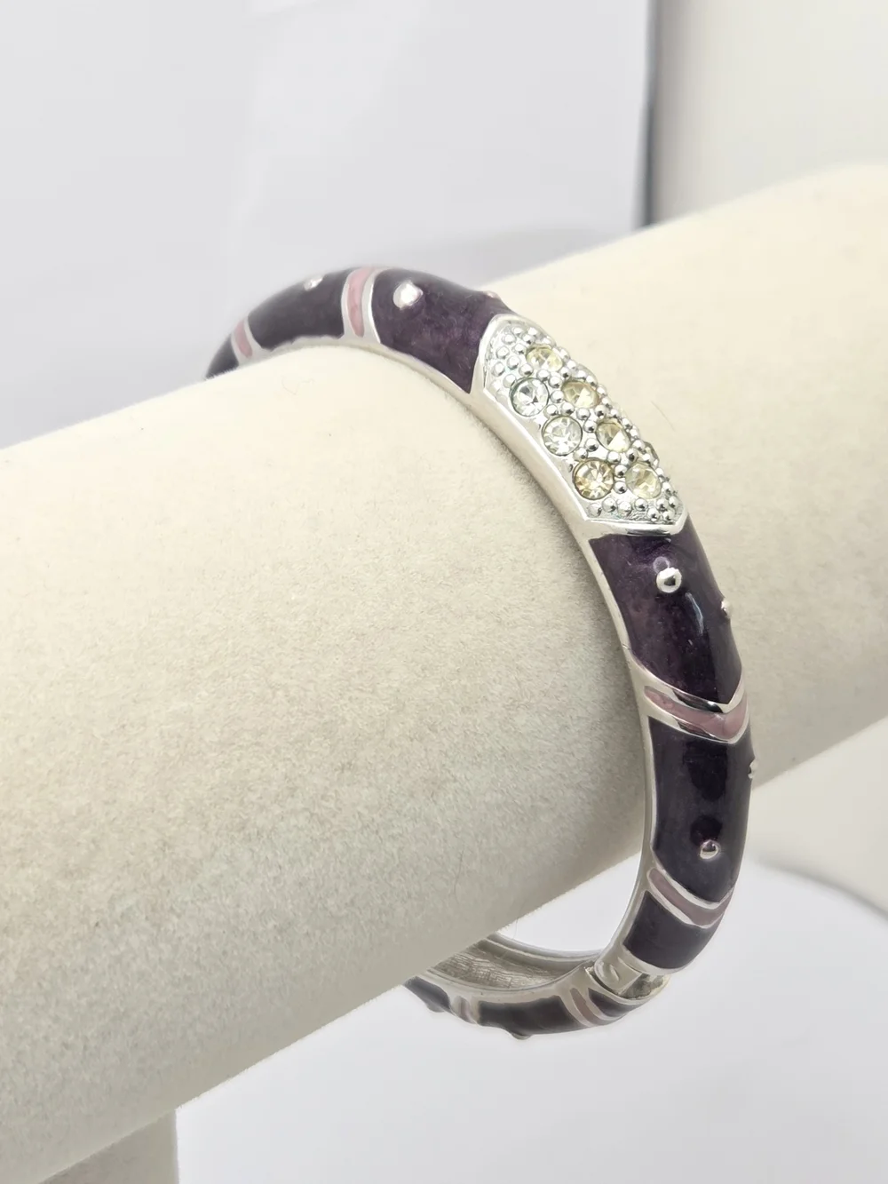 Premier Designs Purple & Pink Enamel Hinged Bangle Silver Tone Rhinestone Accent